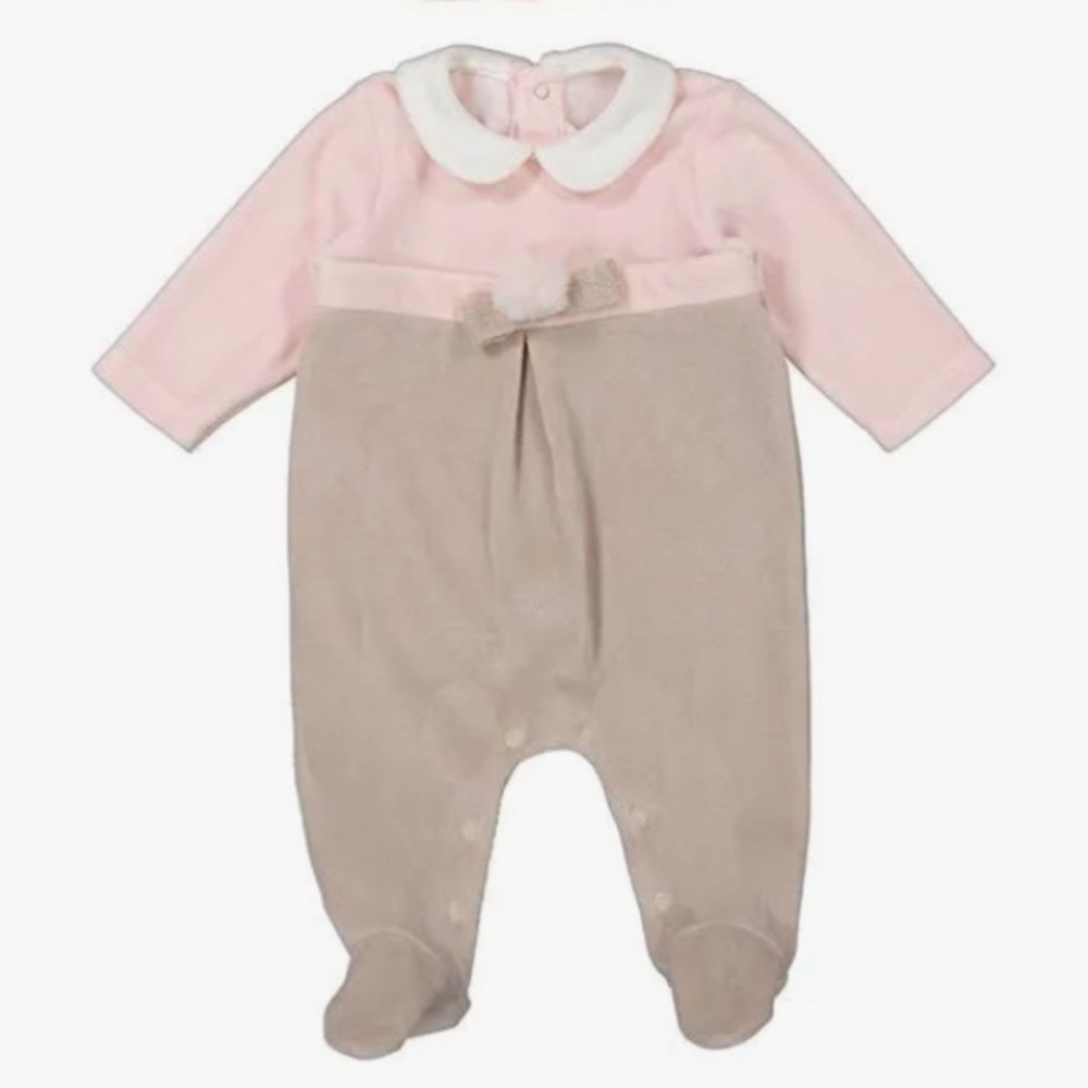 Mayoral Spain Velour Footed Baby One-Piece with Peter Pan Collar